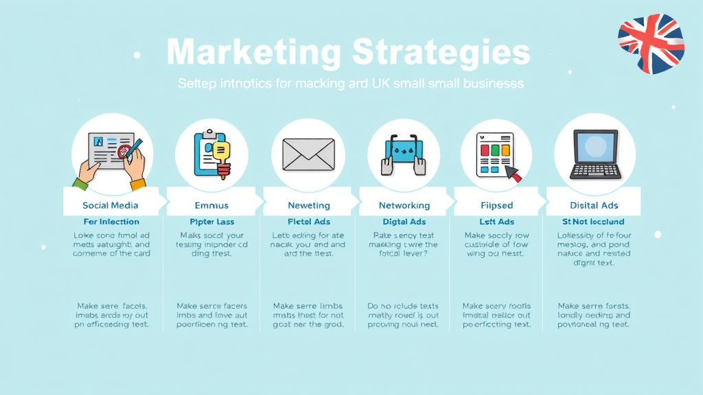 Infographic of marketing strategies for UK small businesses - promote your business, digital ads, email marketing, blog post