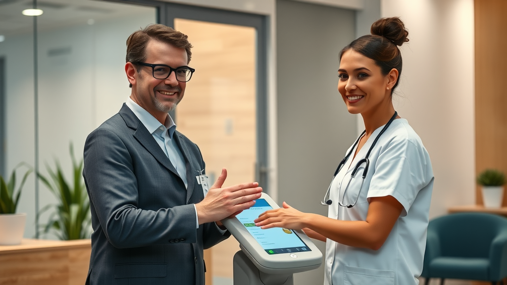 surgery clinic staff assists patient digital check-in London cosmetic surgery