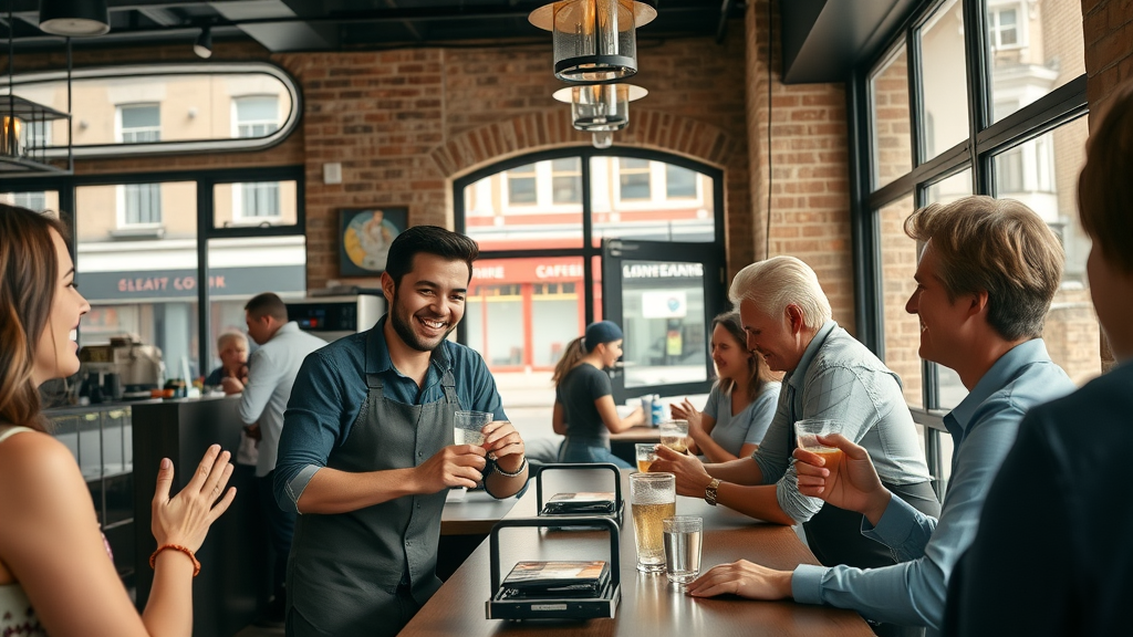 lively London café scene with cheerful owner and happy customers gained through business directory listing