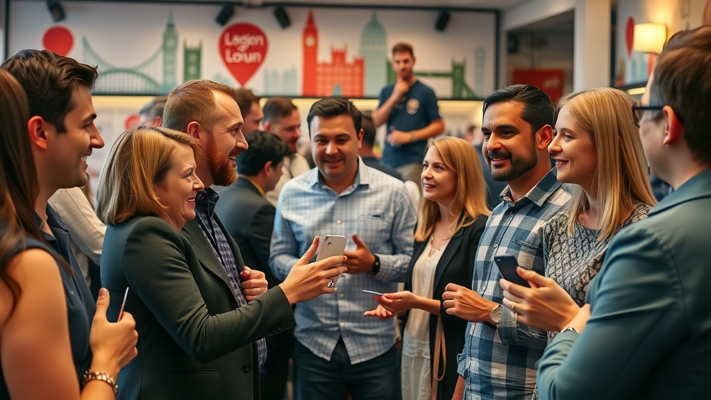 Offline marketing strategies: Small business owners networking at a London event