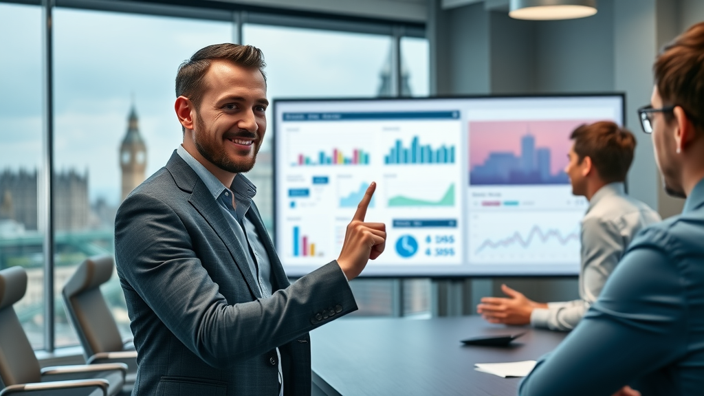 Confident marketer presenting digital marketing plan to small business clients - promote businesses through marketing in London UK, digital ads, blog post, small business