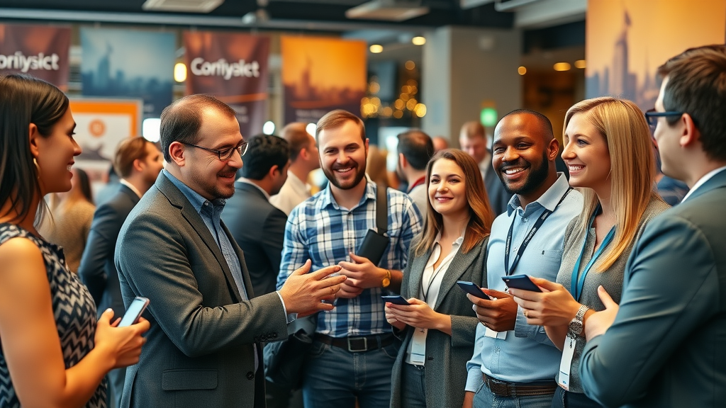 networking at construction industry event in London, professionals exchanging cards and ideas