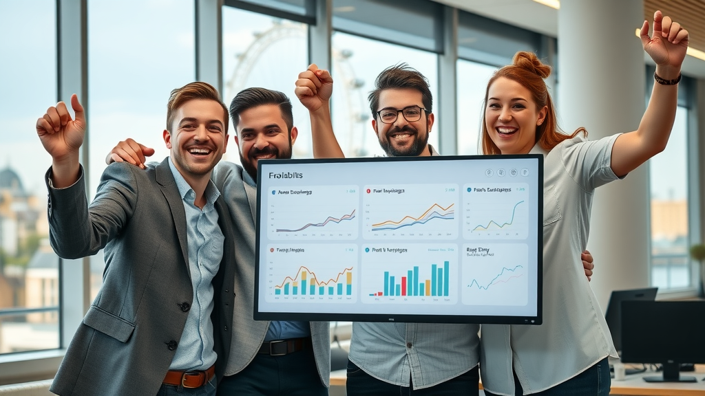 Marketing success: Small business team celebrating local business growth in London UK