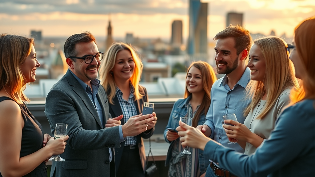 Friendly group of London small business owners networking at rooftop event - grow london, promote businesses through marketing in London UK