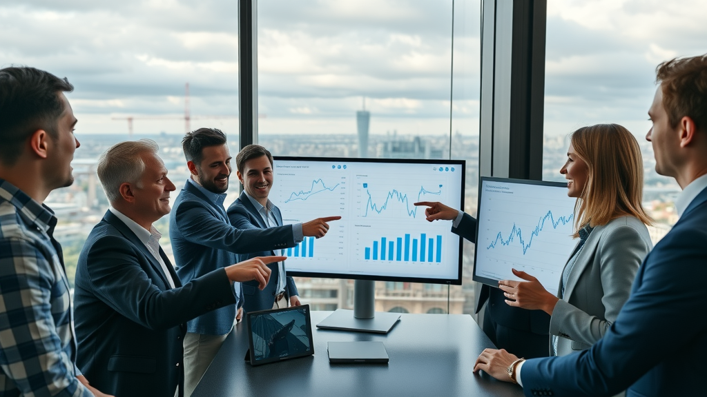 digital marketing in London construction market, team meeting in office with skyline view