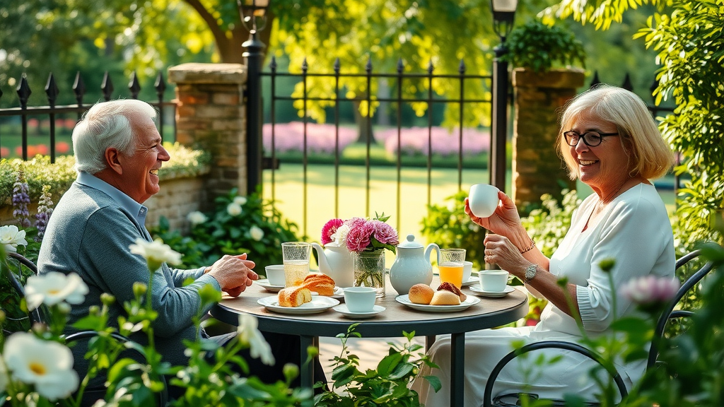 relaxing breakfast scene in lush B&B garden, guests enjoying fresh pastries, tea, Hyde Park greenery in background