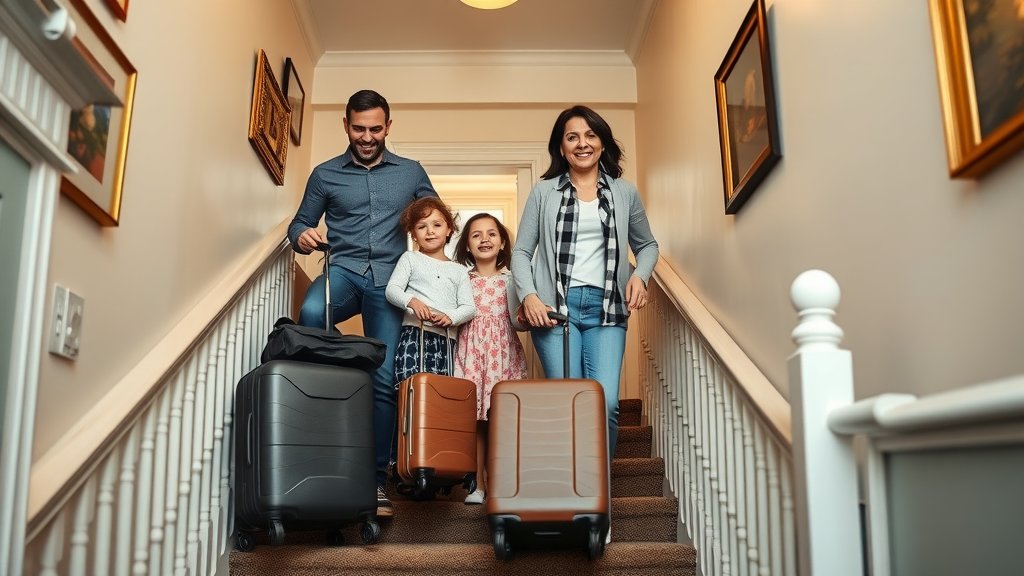 happy family carrying luggage up carpeted stairs in London B&B, classic guest house interior, bright hallway lighting