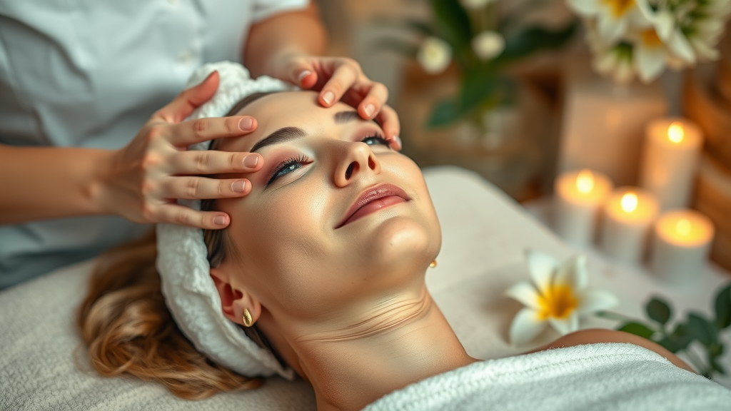 luxurious beauty treatment aromatherapy facial professional therapist beauty services london high-end spa candlelight floral serene client healthy skin