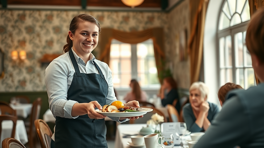 friendly B&B staff serving traditional English breakfast, classic dining room, guest receiving plate, vintage wallpaper, large window