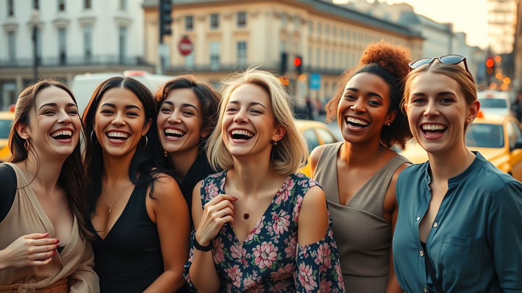 diverse group enjoying post-beauty treatment glow hair skin radiance beauty services london iconic streets confident