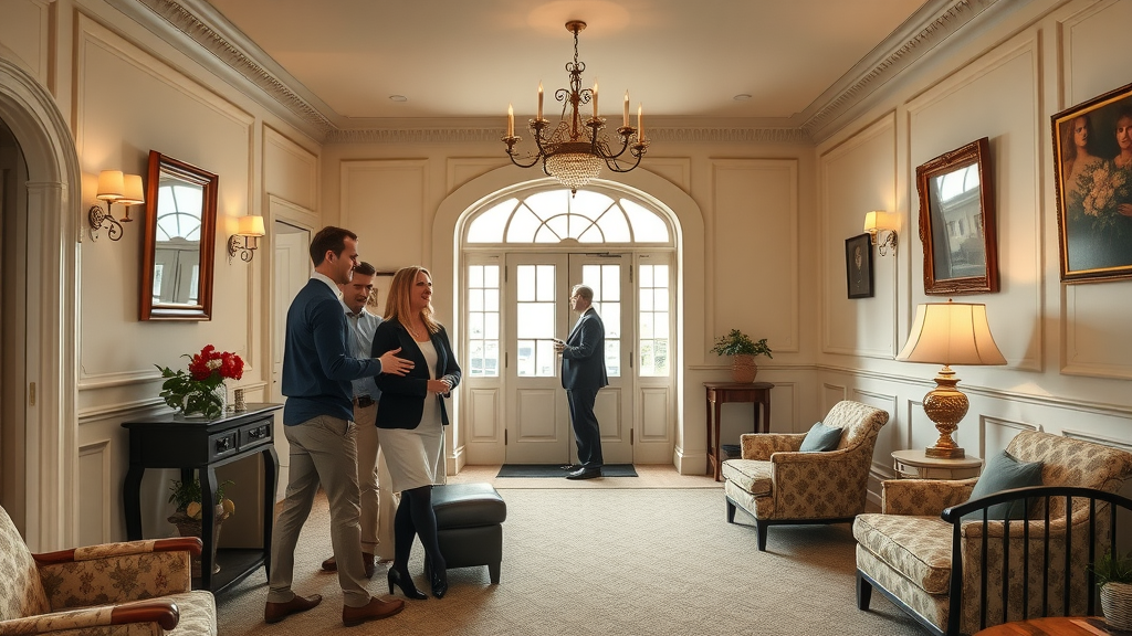 inviting London bed and breakfast lobby with welcoming smile, guests checking in, elegant period interior, cream and gold tones, natural morning lighting