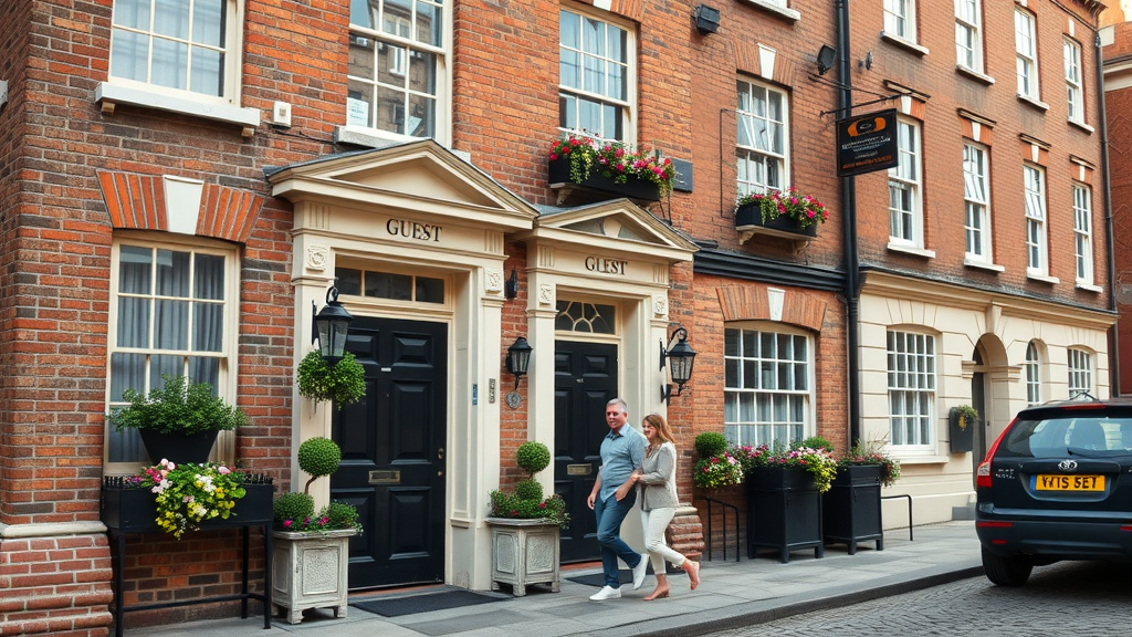 picturesque central London guest house exterior, couple entering historic townhouse, Georgian facade, flower boxes, cobblestone street