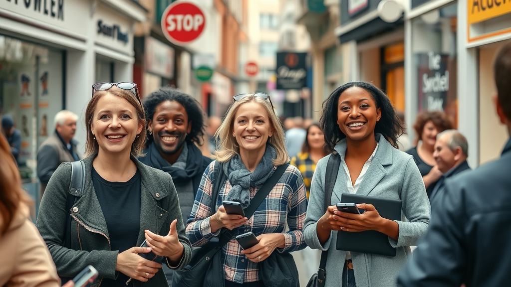 Vibrant bustling London high street with diverse small business owners smiling and engaging passersby, photorealistic high fidelity, showcasing shops, traditional London architecture, high foot traffic and storefront signage. Local business directory london vibe, sharp focus, natural daylight, shot 35mm DSLR lens.