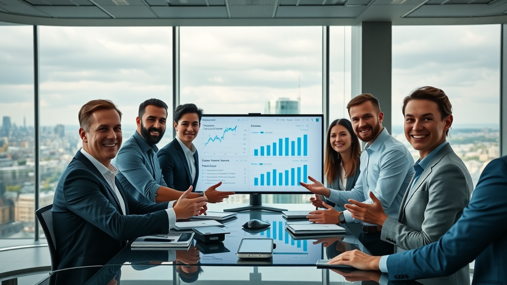 Vibrant London cityscape with business professionals analyzing social media analytics, reviewing marketing plans, branded elements visible