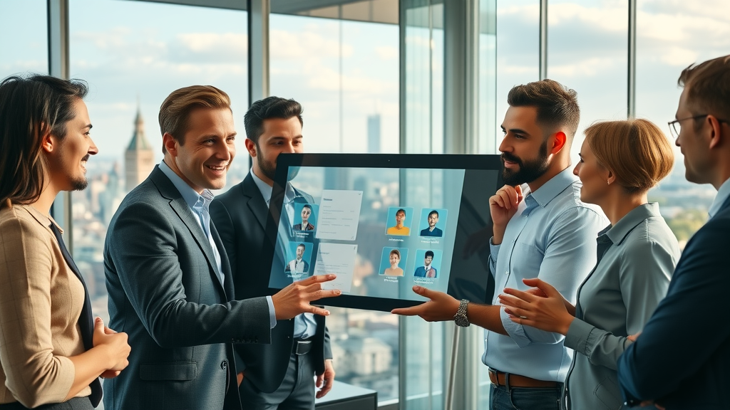 Dynamic business meeting in a glass-walled London office with diverse entrepreneurs discussing strategies and digital directory icons, symbolising the collaborative power of the office london directory and trade directories
