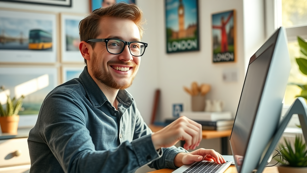 Entrepreneur registering their business listing online in the London business directory, satisfied expression, promoting business info.