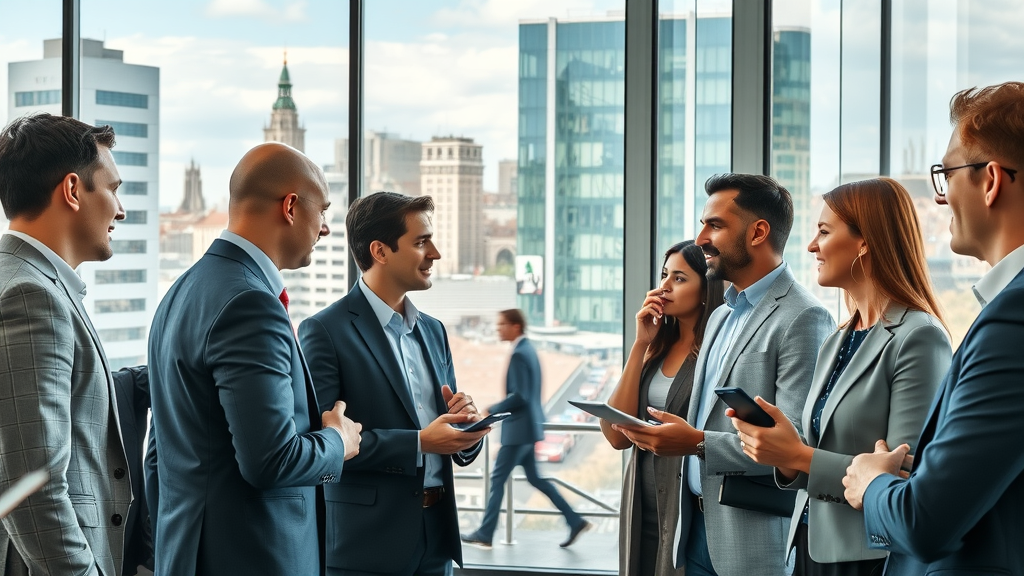 london company directory vibrant urban london business district with professionals networking in a modern cityscape and London landmarks