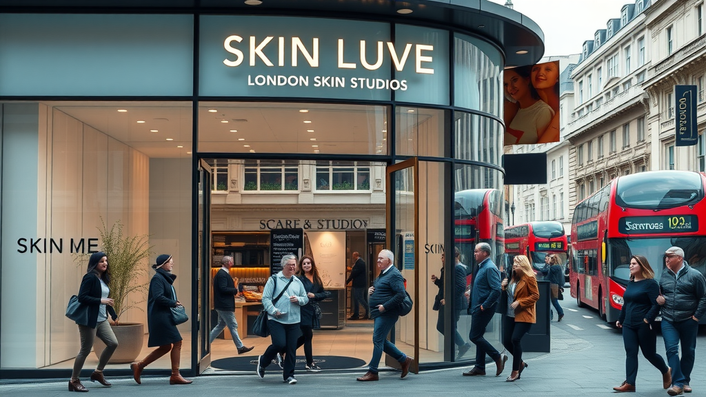 Upscale London skin treatment studio exterior, chic glass facade and city street view, representing leading brands in London beauty treatments