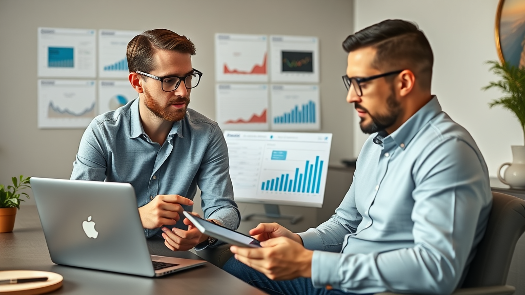 Marketing consultant and business owner reviewing social media marketing agency services performance on charts in a UK office