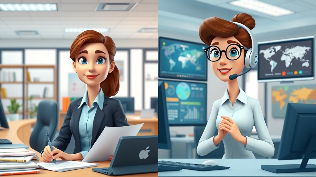 Comparison of in-house receptionist and virtual receptionist handling calls—contrasting business environments for outsource receptionist call answering.