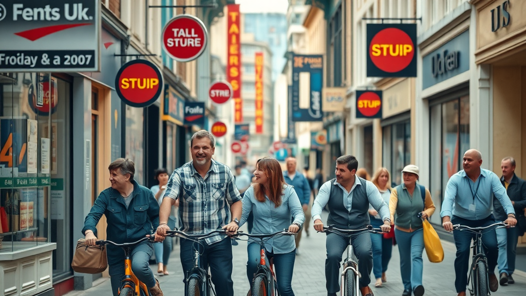 Vibrant UK urban high street featuring busy business owners and diverse shopfronts, showcasing business listing services UK