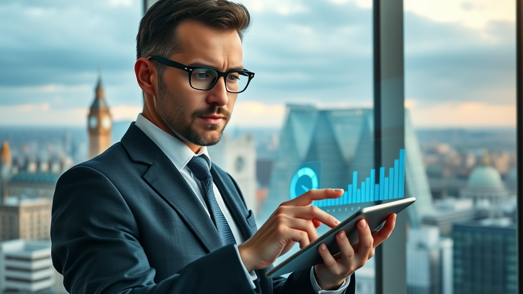 Professional businessperson reviewing data on digital dashboard, highlighting growth for London business directory listings, modern office backdrop.