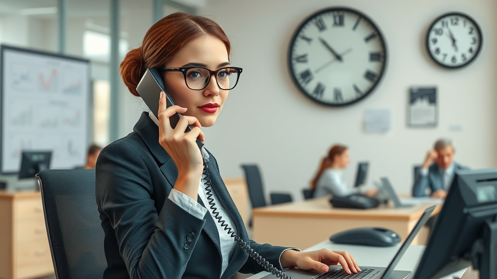 Virtual receptionist at a modern corporate office answering business calls with efficiency—outsource receptionist call answering in action.