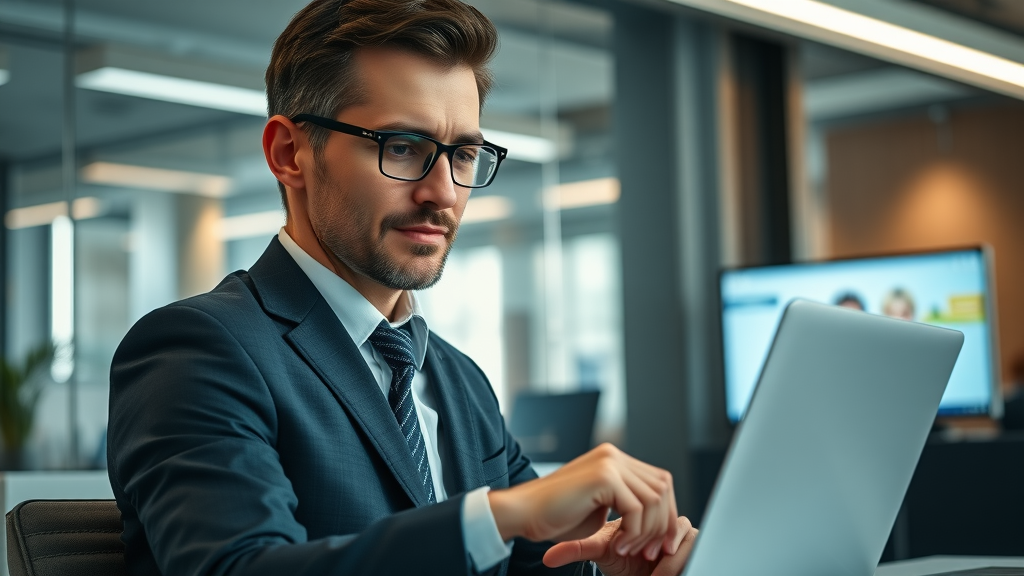 Modern business professional in UK office checking their business listing, highlighting business listing services UK