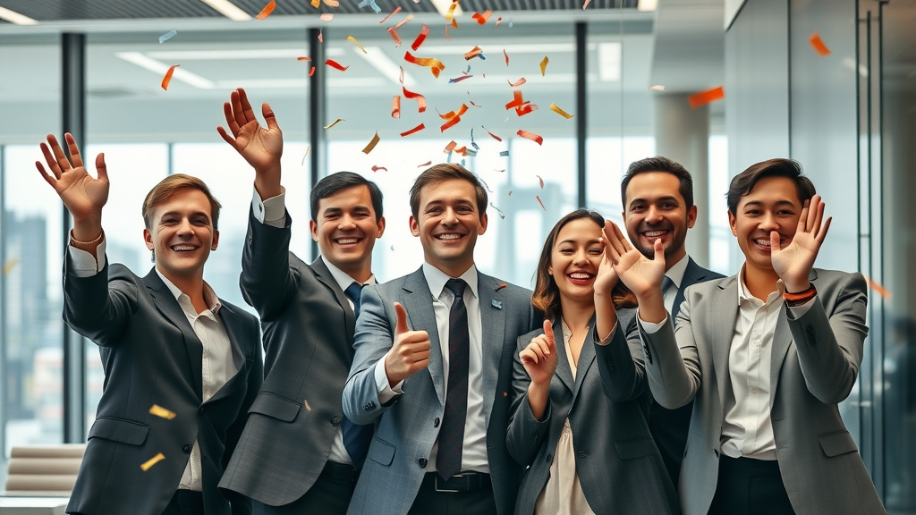 A successful business team celebrating with confetti in a modern office with the London skyline, representing the achievement and exposure gained through the london commercial directory