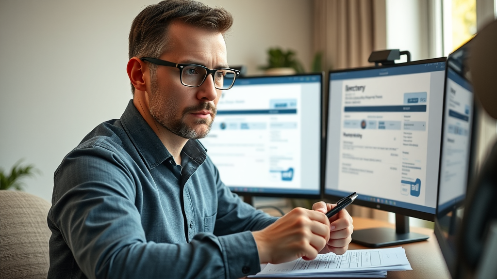 A focused business owner filling out an online form to list their company in the london commercial directory, with a home office background and dual monitors showing the directory's workflow
