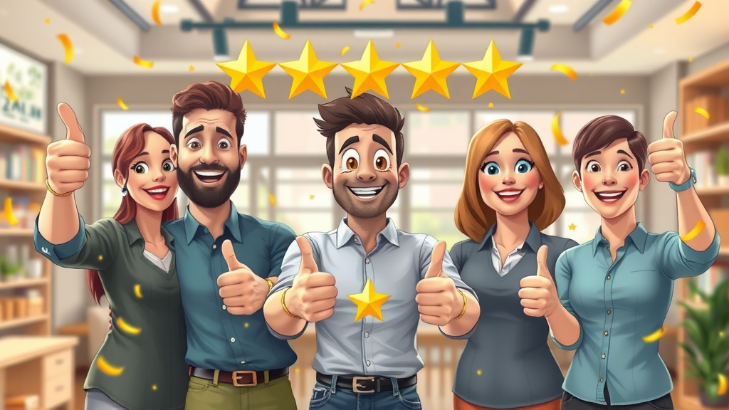 Happy local business team celebrating five-star customer reviews, cheerful with thumbs up, welcoming store interior, review icons in background, Capid Houser reputation management, energetic confetti, 2D cartoon style, bright indoor lighting, 35mm cartoon lens.