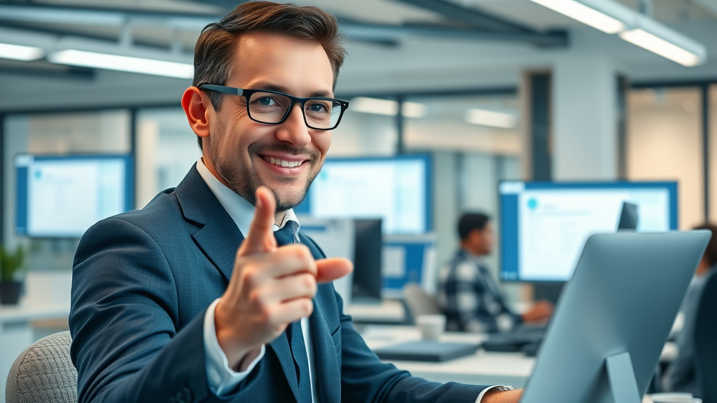 Business professional guiding how to add a business to the London business listing directory in a modern office
