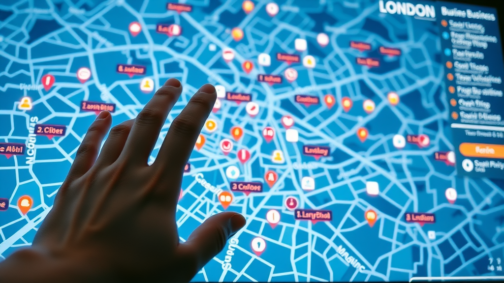 business directory interface concept for london company directory with digital map and engaging UI design