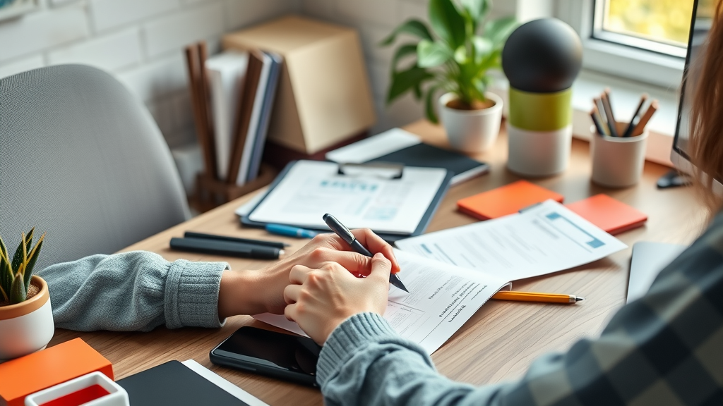 Business owner filling out a business listing service UK form at a bright UK office