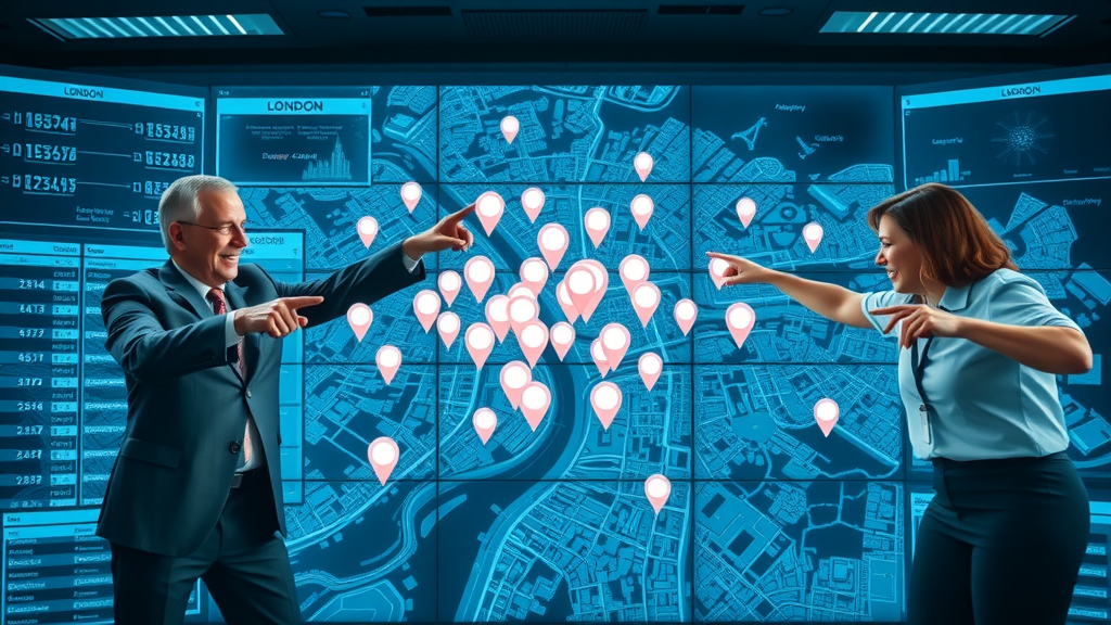 Dynamic digital map of London, glowing business pins expanding across boroughs, energetic business owners pointing at map, high-tech control room, demonstrating how local business directory london grows your market reach, detailed, cool blue tones, wide angle 24mm lens.