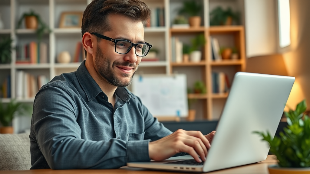 small business owner optimistic entrepreneur entering company details into an online directory form