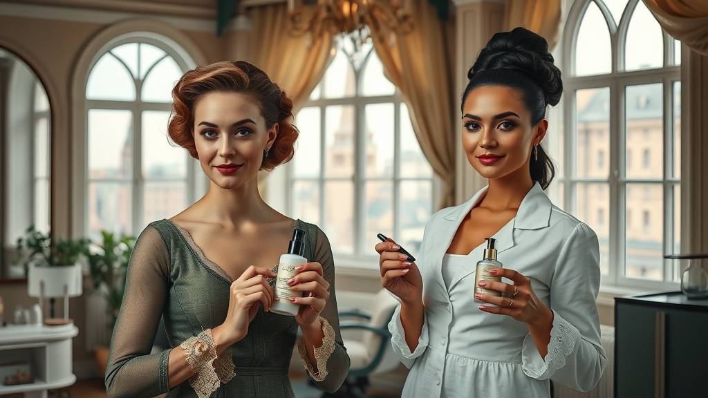 Transformation from historic Victorian beauty parlor to modern London spa, showcasing clientele and professional estheticians for beauty treatments