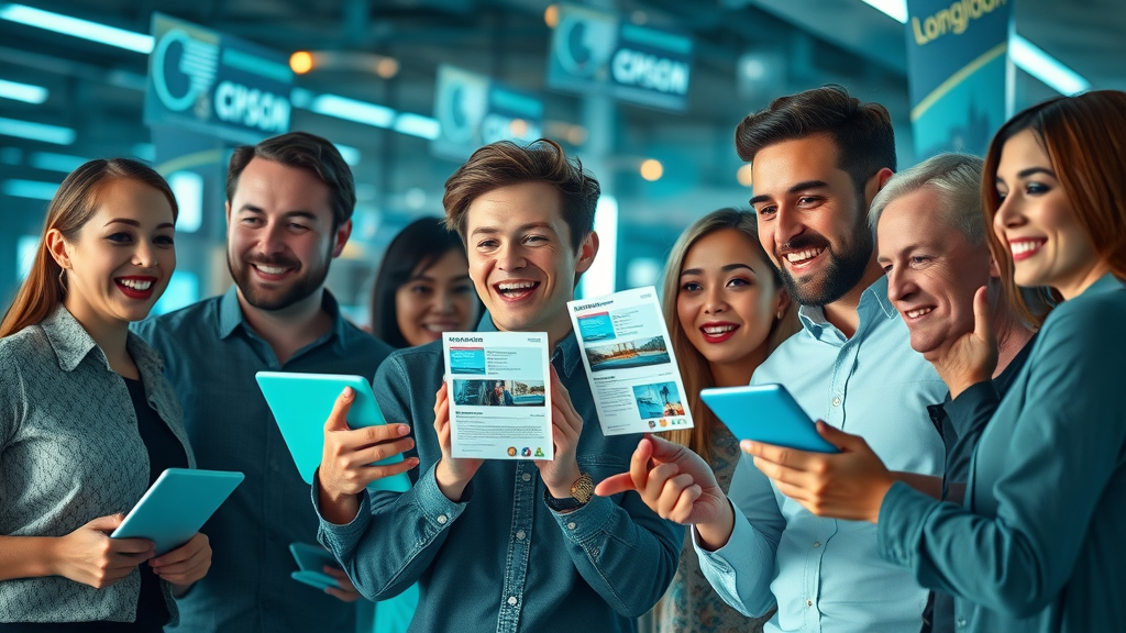 Enthusiastic marketing team strategizing in a futuristic digital environment with floating london commercial directory listings and London-themed digital elements, visualising the power of modern trade directories