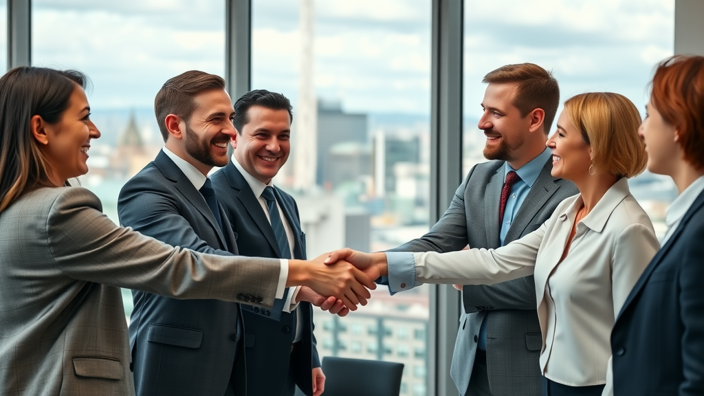 Trustworthy business team shaking hands with satisfied clients, London cityscape view, conveying trust and positive outcomes for directory listings.