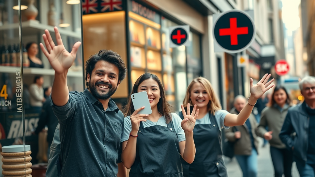UK retail staff celebrating social media marketing agency services engagement growth, surrounded by digital notification icons