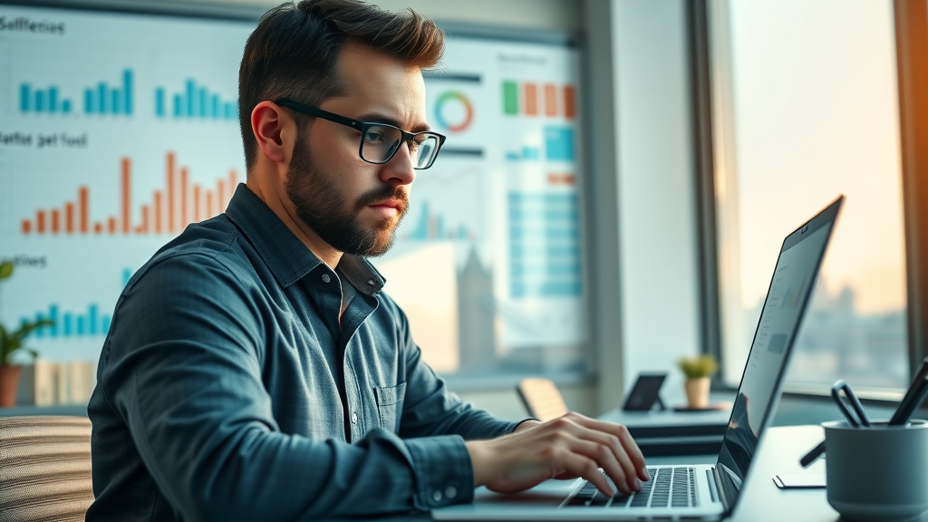 professional digital marketer analyzing london company directory business listings on laptop in modern office with city views