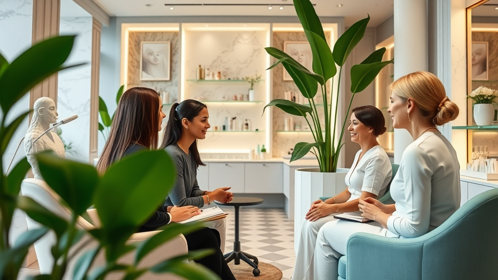 Vibrant spa interior of a modern London beauty clinic with clients enjoying consultations and elegant atmosphere, highlighting London beauty treatment