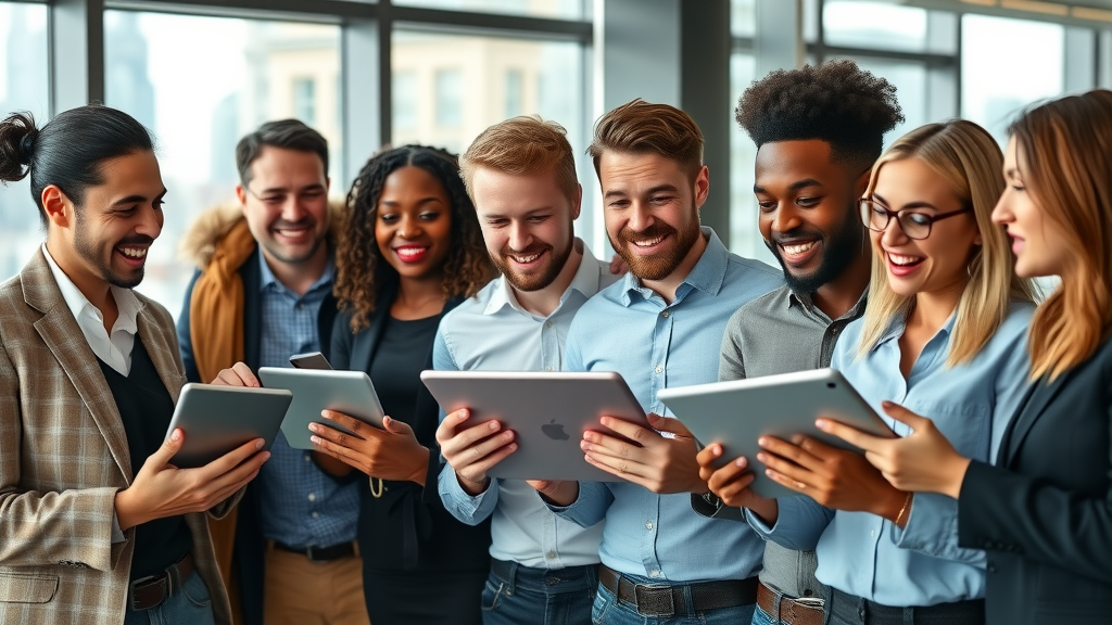 vibrant group of diverse UK entrepreneurs looking excited, reviewing online business listings UK on digital tablets, modern office, London cityscape