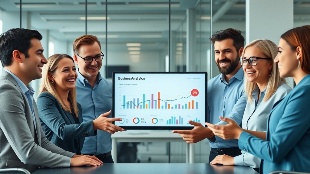 UK business team reviewing analytics and celebrating improved business directory visibility