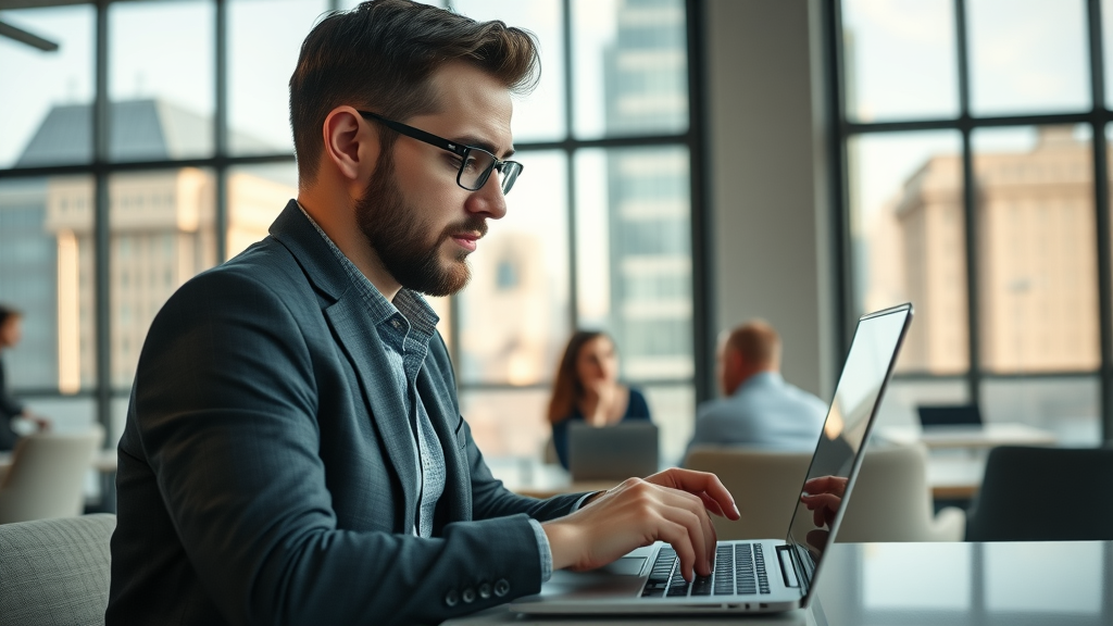 Professional business owner updating company profile on laptop in a modern coworking space, London city skyline in background. Shows importance of local business directory london. Highly detailed, soft natural light, shot with a 50mm prime lens.