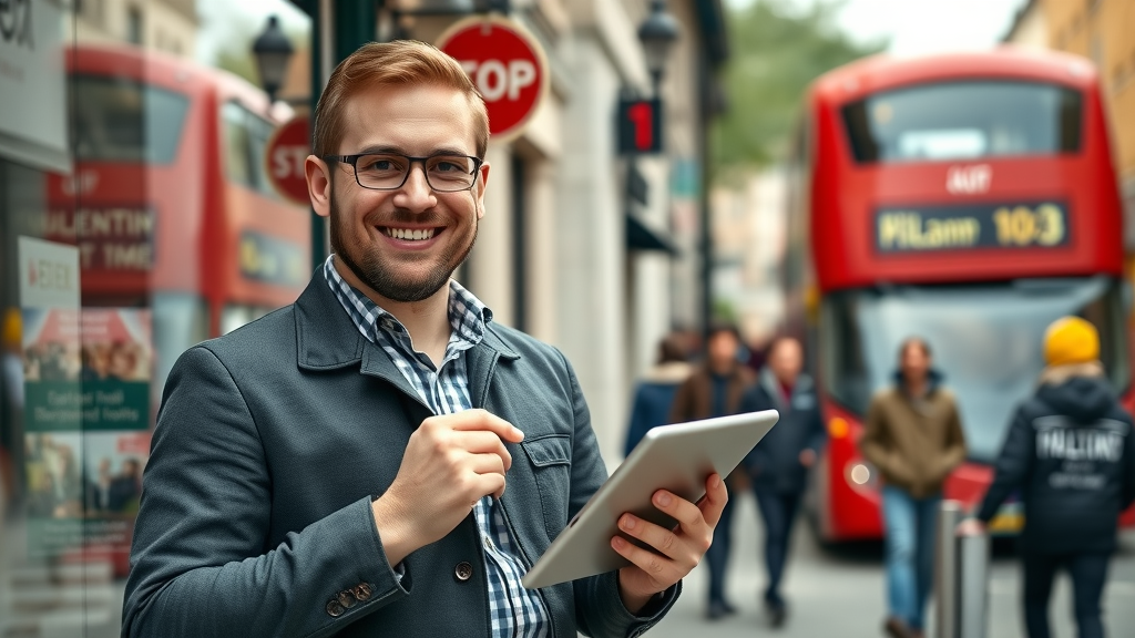 confident small business owner in London standing in front of shop with digital london company directory listing on tablet