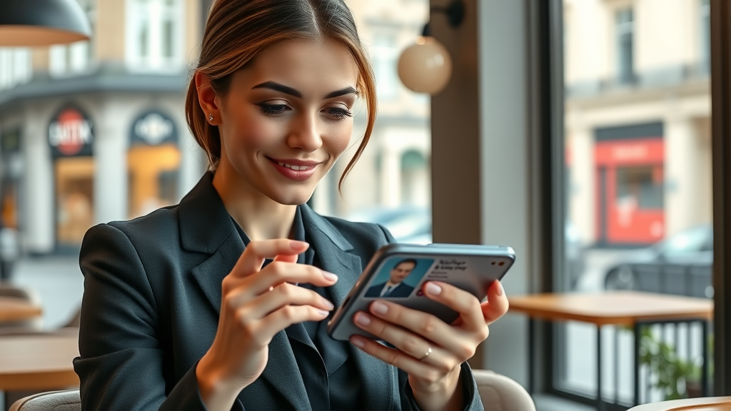 Modern smartphone displaying a sleek london business directory profile, confident businesswoman interacting, airy London café background, animated elements like reviews, warm natural lighting, 85mm portrait lens.