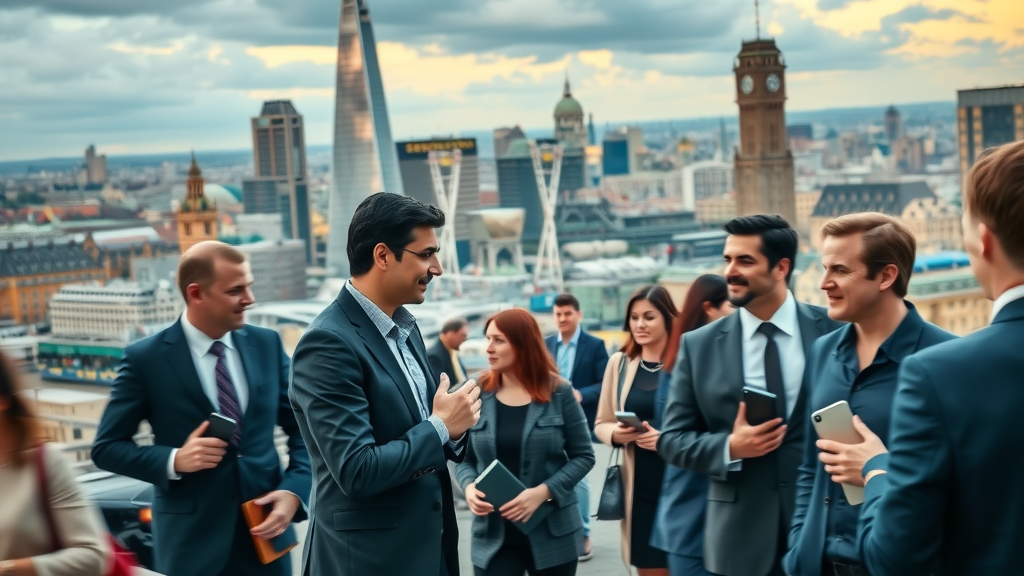 A vibrant London cityscape featuring bustling business professionals networking with landmarks such as The Shard and the Gherkin in the background, reflecting the activity and reach of the london commercial directory
