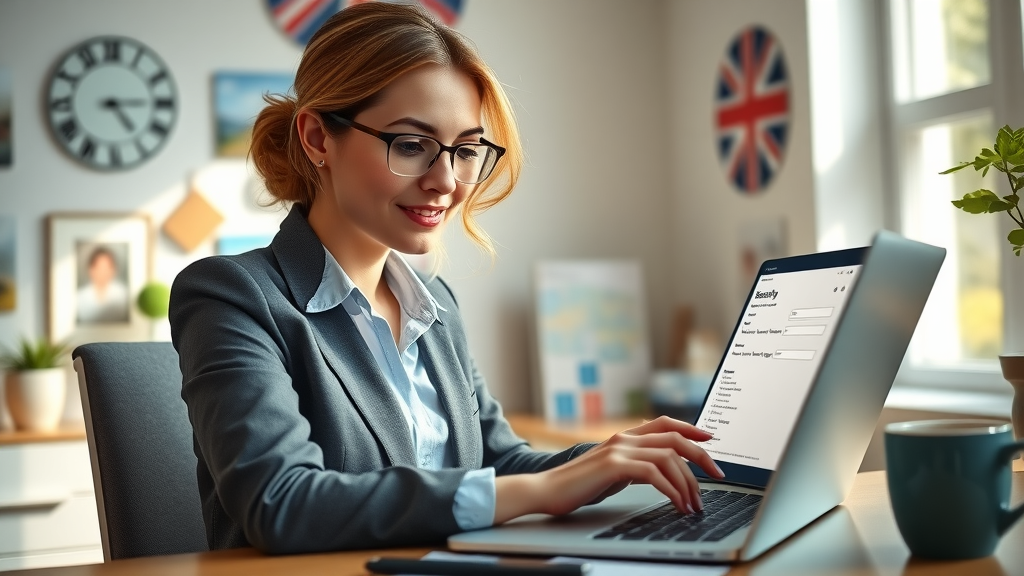 focused businesswoman entering business listing information in UK business directory form on laptop, UK-themed home office