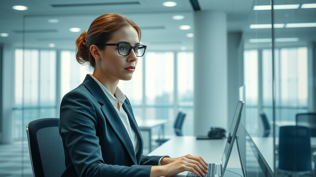 Modern virtual office London setting with an attentive receptionist assisting remotely via digital interface overlays, representing advanced office and telephone answering services for SMEs using the london commercial directory